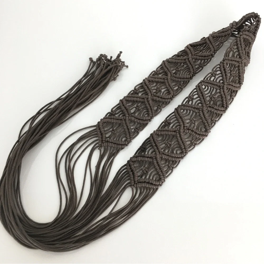 Women’s Boho Macrame Woven Fringe Statement Belt Tie Front Brown Coastal Cowgirl